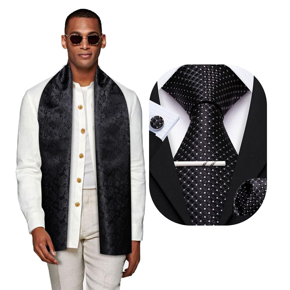1491 Black Scarf and Tie with Tie Clip Plaid Silk Necktie Pocket Square